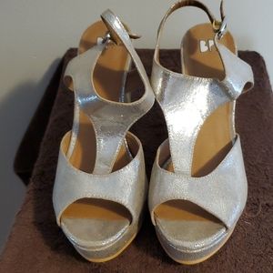 Silver T-Strap wedge sandal